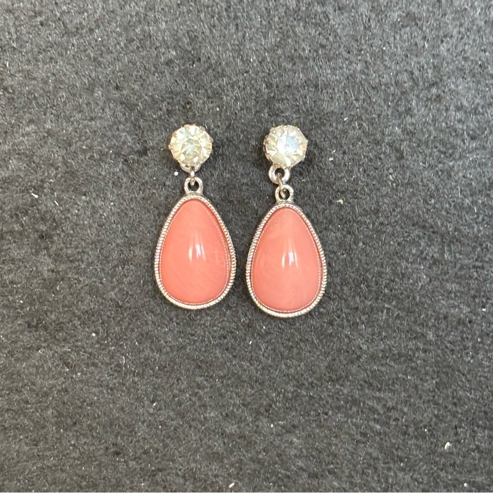 Vintage Signed Avon Silvertone & Coral Lucite/Rhinestone Earrings